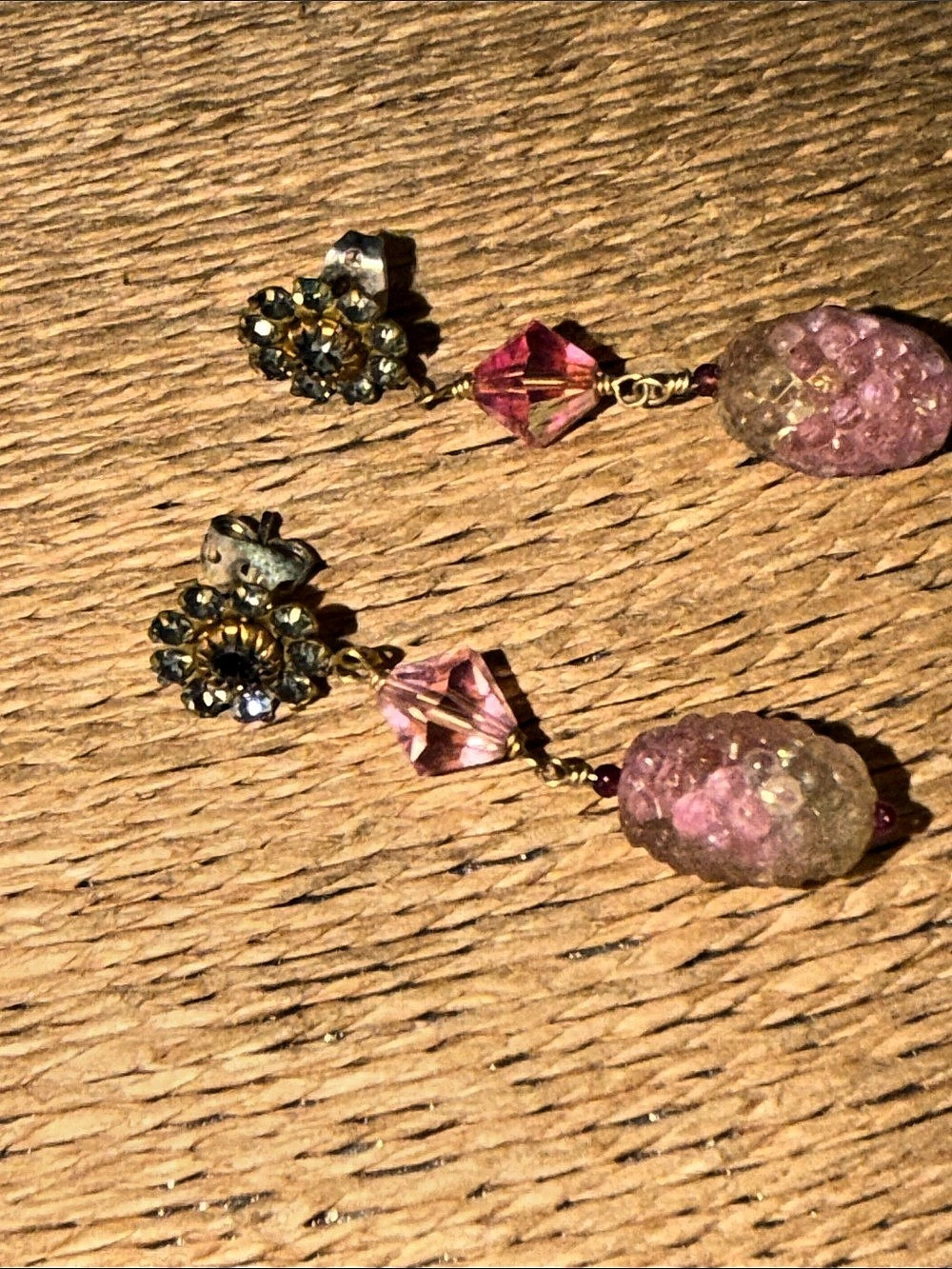 Crystal Floral Dangle Earnings vintage style pink crystal with vintage beads